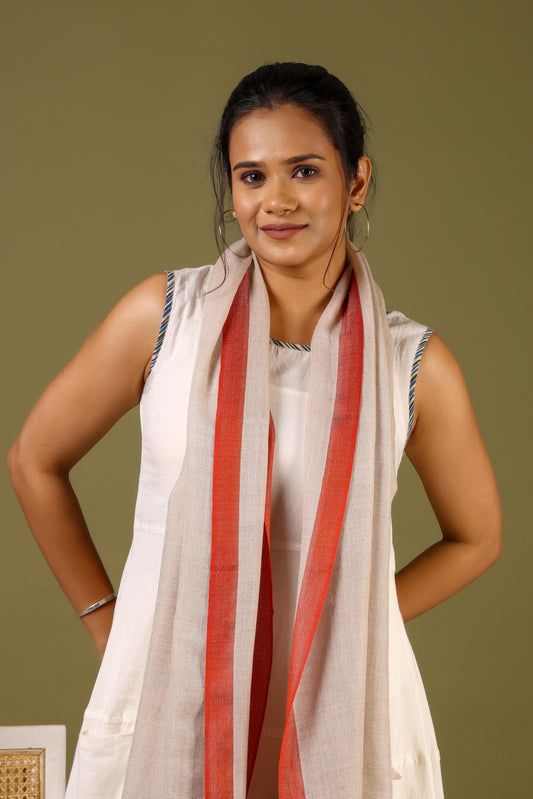 Striped Border Pashmina  -  Natural with coral red border