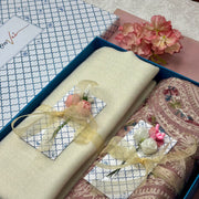OMVAI Embroidery Pashmina Combo Gift Set in Pure Cashmere wool - Natural Sand Embroidered Stole with Ivory Green Solid Stole (Set of 2 - For HIM and for HER)