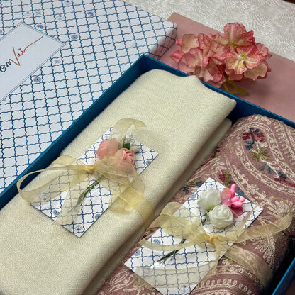 OMVAI Embroidery Pashmina Combo Gift Set in Pure Cashmere wool - Natural Sand Embroidered Stole with Ivory Green Solid Stole (Set of 2 - For HIM and for HER)