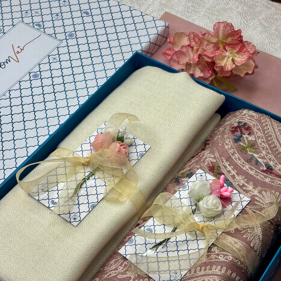 OMVAI Embroidery Pashmina Combo Gift Set in Pure Cashmere wool - Natural Sand Embroidered Stole with Ivory Green Solid Stole (Set of 2 - For HIM and for HER)