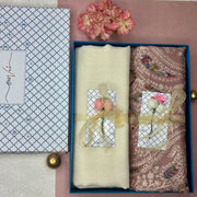 OMVAI Embroidery Pashmina Combo Gift Set in Pure Cashmere wool - Natural Sand Embroidered Stole with Ivory Green Solid Stole (Set of 2 - For HIM and for HER)