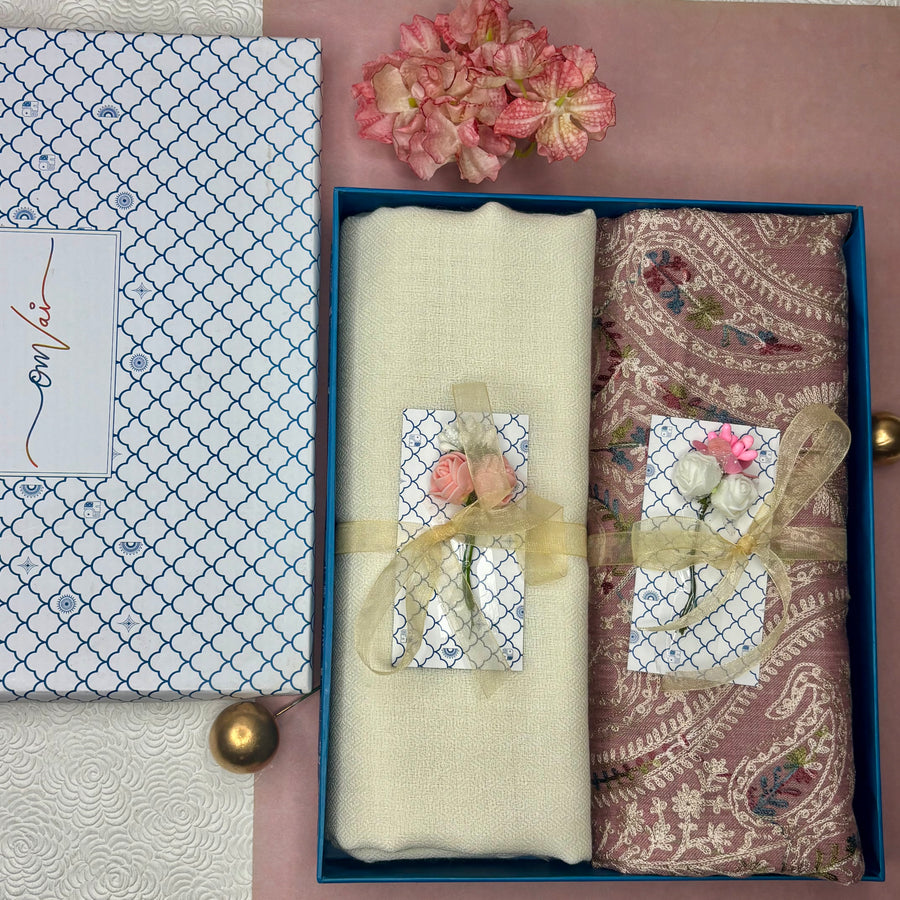 OMVAI Embroidery Pashmina Combo Gift Set in Pure Cashmere wool - Natural Sand Embroidered Stole with Ivory Green Solid Stole (Set of 2 - For HIM and for HER)