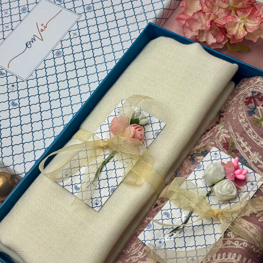 OMVAI Embroidery Pashmina Combo Gift Set in Pure Cashmere wool - Natural Sand Embroidered Stole with Ivory Green Solid Stole (Set of 2 - For HIM and for HER)
