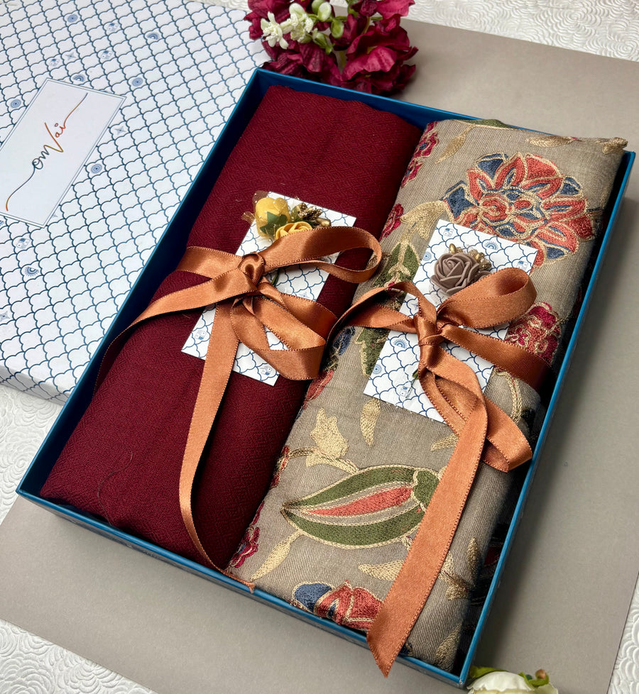 OMVAI Embroidery Pashmina Combo Gift Set in Pure Cashmere wool - Natural Embroidered Stole with Red Solid Stole (Set of 2 - For HIM and for HER)