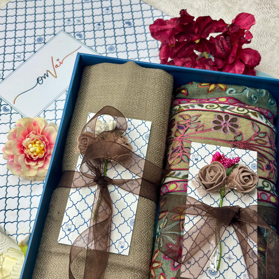 OMVAI Pashmina Combo Gift Set in Pure Cashmere wool - Natural Sand Kalamkari Kani with Embroidery and solid (Set of 2 - For HIM and for HER)