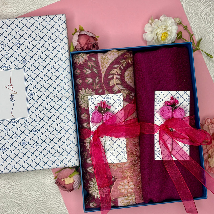 OMVAI Pashmina Combo Gift Set in Pure Cashmere wool - Mauve  Kalamkari Kani with Embroidery and solid (Set of 2 - For HIM and for HER)