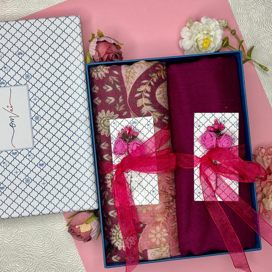 OMVAI Pashmina Combo Gift Set in Pure Cashmere wool - Mauve  Kalamkari Kani with Embroidery and solid (Set of 2 - For HIM and for HER)