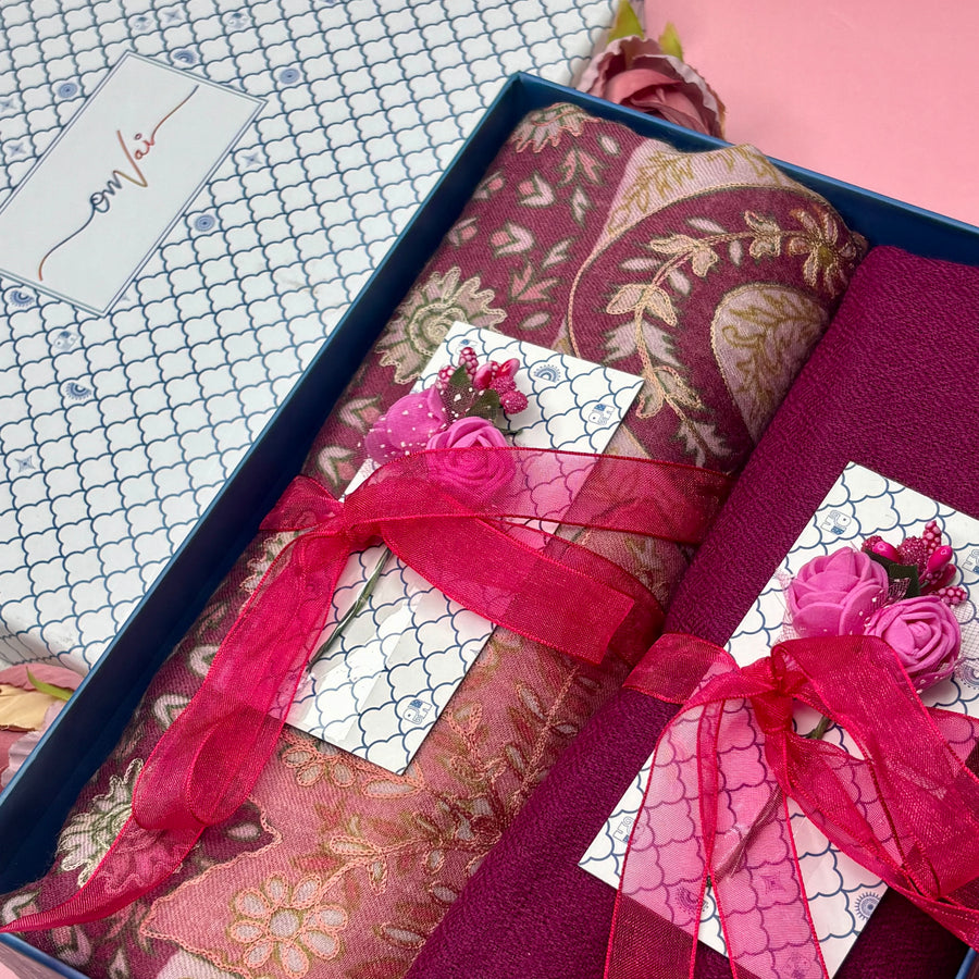 OMVAI Pashmina Combo Gift Set in Pure Cashmere wool - Mauve  Kalamkari Kani with Embroidery and solid (Set of 2 - For HIM and for HER)