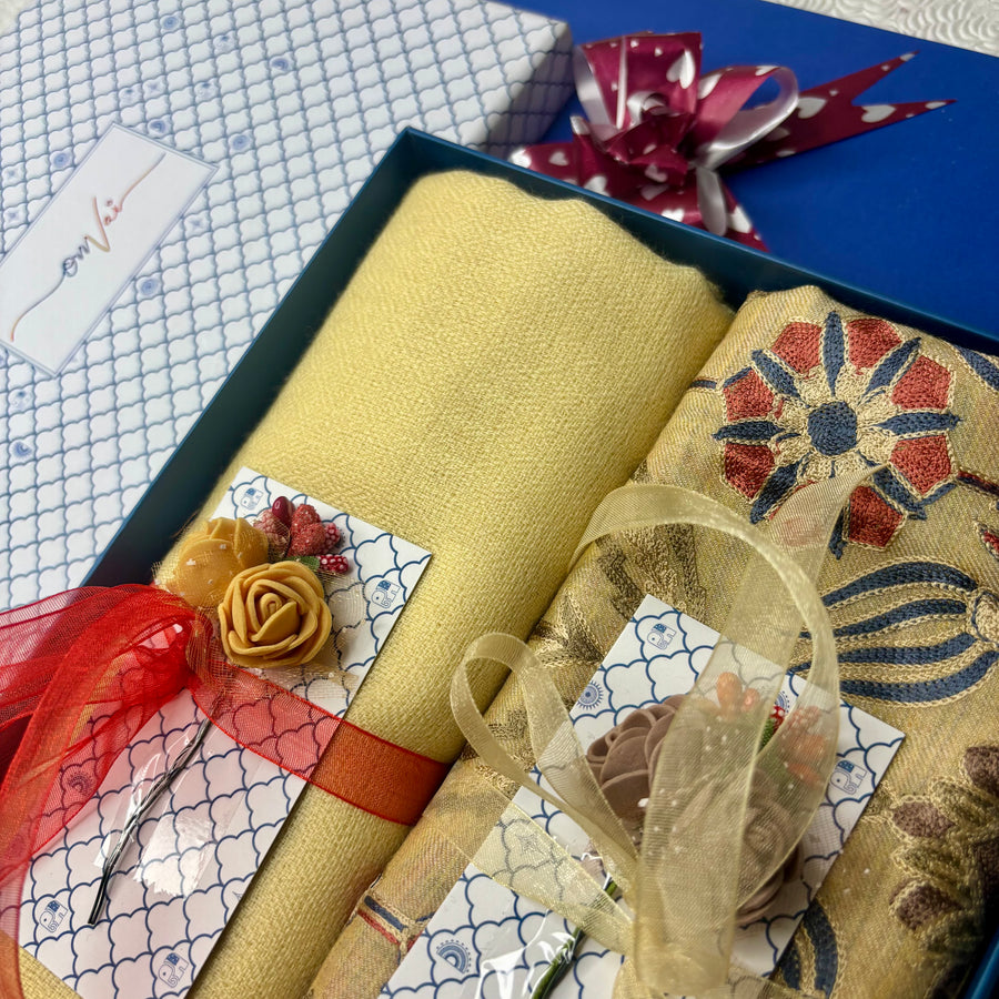 OMVAI Embroidery Pashmina Combo Gift Set in Pure Cashmere wool - Buttercup Yellow Embroidered Stole with Buttercup Yellow Solid Stole (Set of 2 - For HIM and for HER)