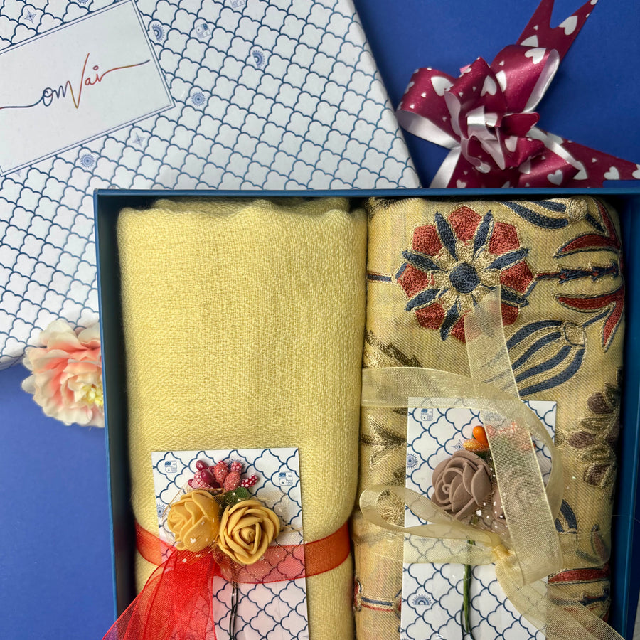 OMVAI Embroidery Pashmina Combo Gift Set in Pure Cashmere wool - Buttercup Yellow Embroidered Stole with Buttercup Yellow Solid Stole (Set of 2 - For HIM and for HER)