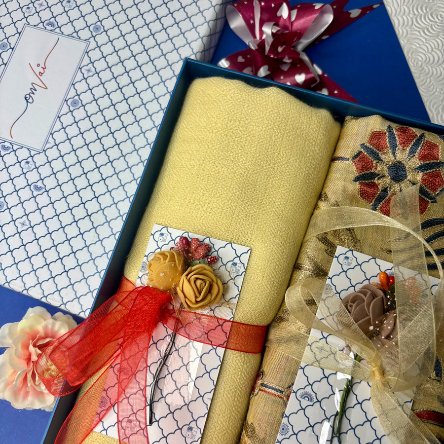 OMVAI Embroidery Pashmina Combo Gift Set in Pure Cashmere wool - Buttercup Yellow Embroidered Stole with Buttercup Yellow Solid Stole (Set of 2 - For HIM and for HER)