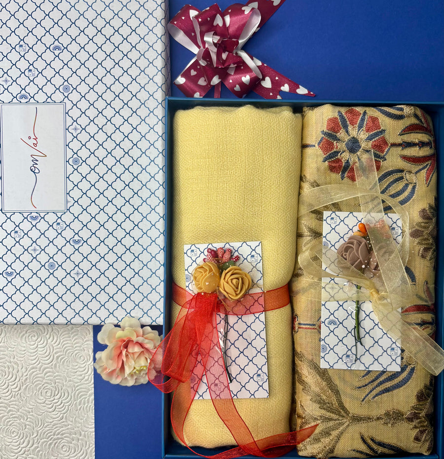 OMVAI Embroidery Pashmina Combo Gift Set in Pure Cashmere wool - Buttercup Yellow Embroidered Stole with Buttercup Yellow Solid Stole (Set of 2 - For HIM and for HER)