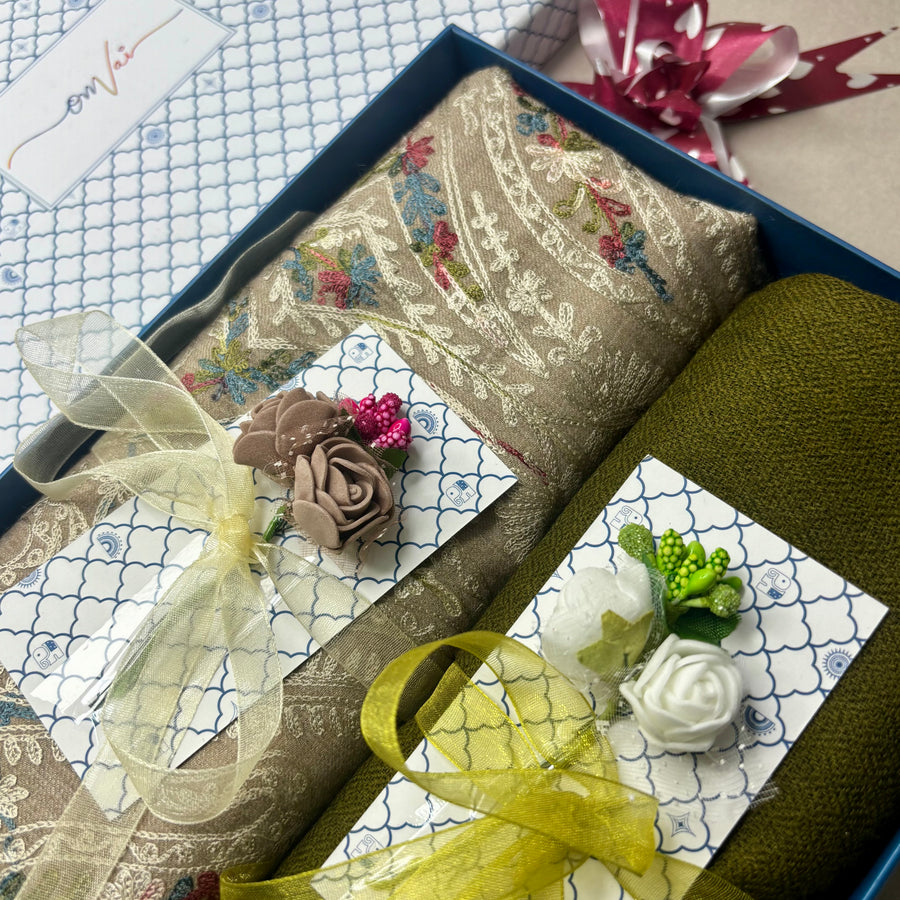 OMVAI Embroidery Pashmina Combo Gift Set in Pure Cashmere wool - Natural Sand Embroidered Stole with Sage Green Solid Stole (Set of 2 - For HIM and for HER)