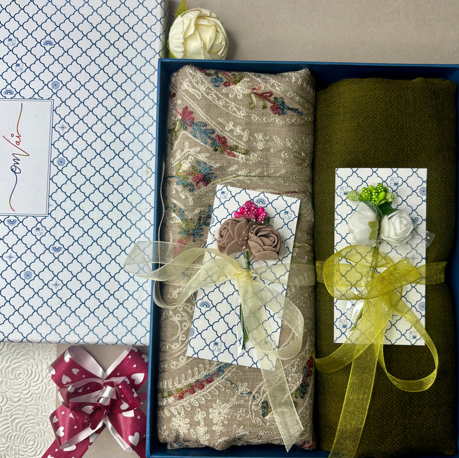 OMVAI Embroidery Pashmina Combo Gift Set in Pure Cashmere wool - Natural Sand Embroidered Stole with Sage Green Solid Stole (Set of 2 - For HIM and for HER)