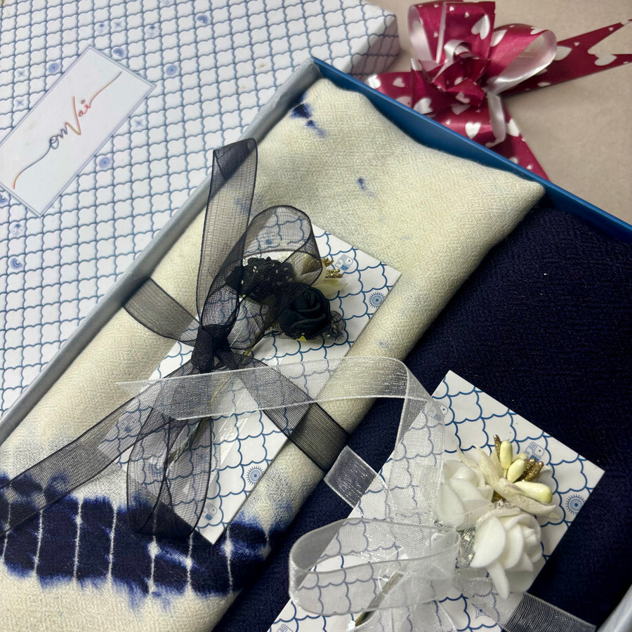 OMVAI Hand Block Tie Dye stole Combo Gift Set in Pure Cashmere wool with Blue Solid Stole (Set of  2 - For HIM and for HER)