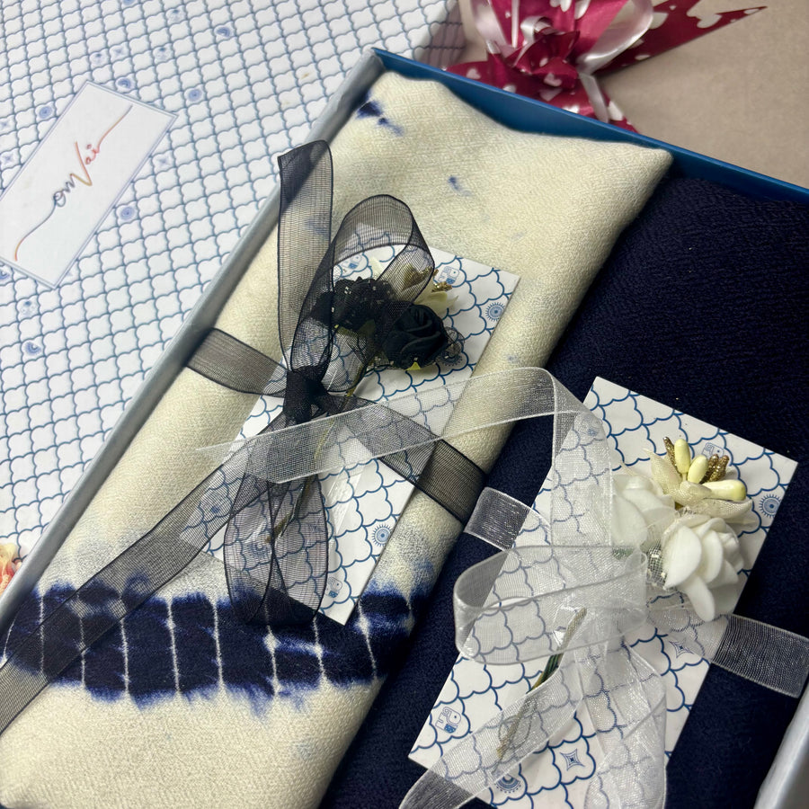OMVAI Hand Block Tie Dye stole Combo Gift Set in Pure Cashmere wool with Blue Solid Stole (Set of  2 - For HIM and for HER)