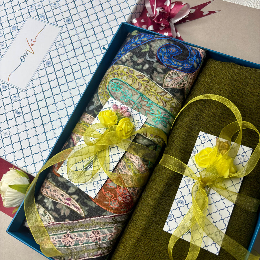 OMVAI Pashmina Combo Gift Set in Pure Cashmere wool - Sage Green Kalamkari Kani with Embroidery and solid (Set of 2 - For HIM and for HER)