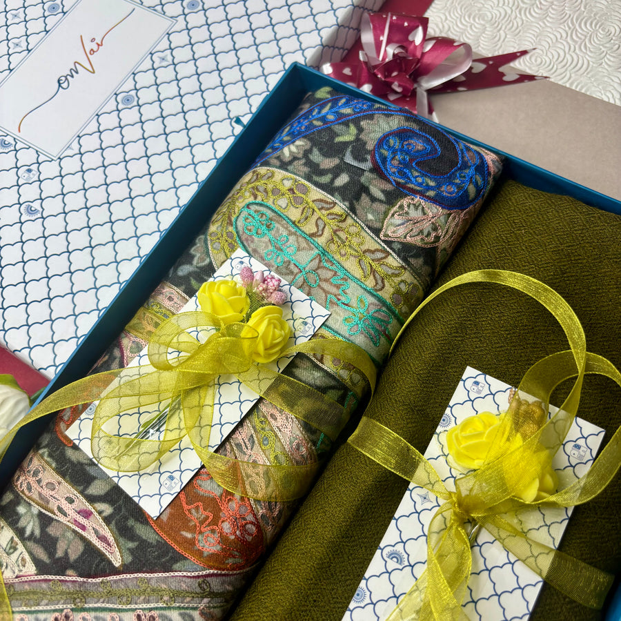 OMVAI Pashmina Combo Gift Set in Pure Cashmere wool - Sage Green Kalamkari Kani with Embroidery and solid (Set of 2 - For HIM and for HER)
