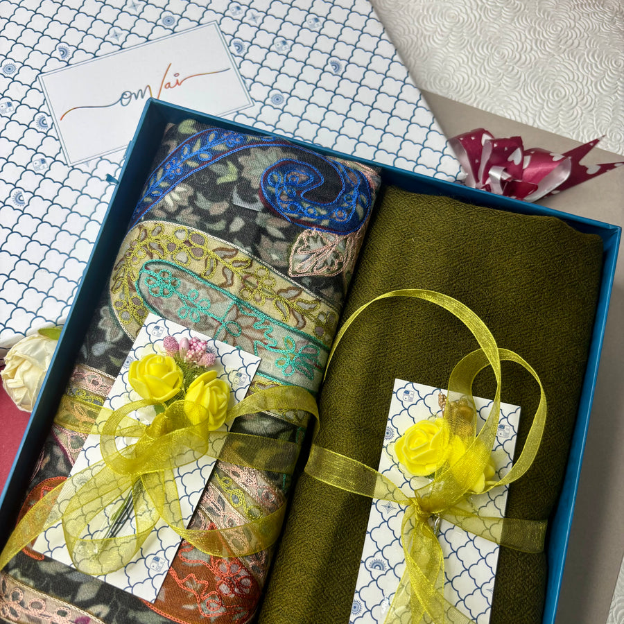 OMVAI Pashmina Combo Gift Set in Pure Cashmere wool - Sage Green Kalamkari Kani with Embroidery and solid (Set of 2 - For HIM and for HER)