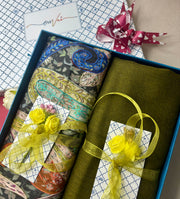OMVAI Pashmina Combo Gift Set in Pure Cashmere wool - Sage Green Kalamkari Kani with Embroidery and solid (Set of 2 - For HIM and for HER)