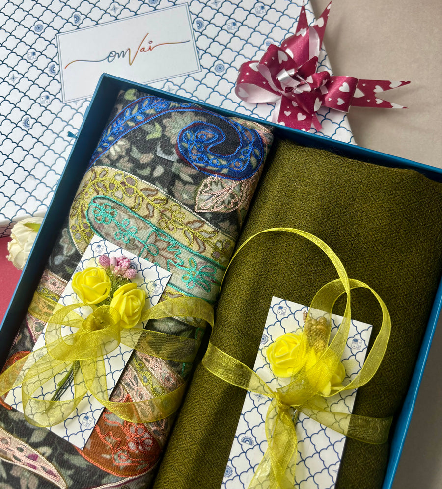 OMVAI Pashmina Combo Gift Set in Pure Cashmere wool - Sage Green Kalamkari Kani with Embroidery and solid (Set of 2 - For HIM and for HER)