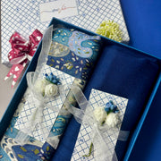 OMVAI Pashmina Combo Gift Set in Pure Cashmere wool - Steel Blue Kalamkari Kani with Embroidery and solid (Set of 2 - For HIM and for HER)