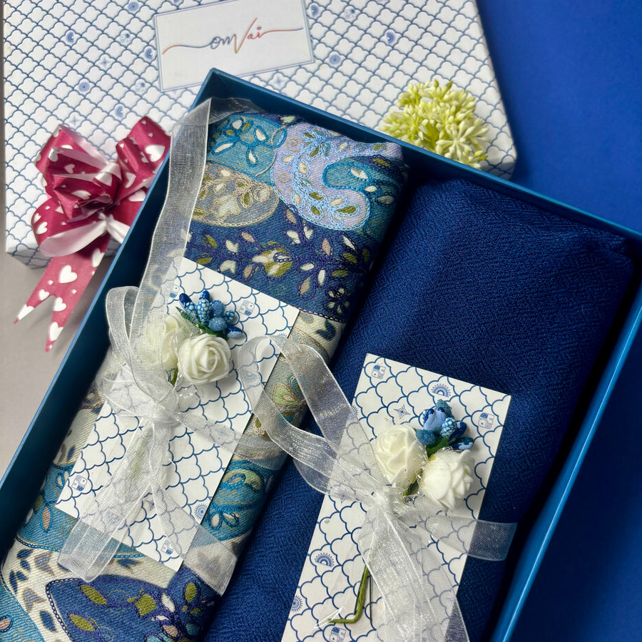 OMVAI Pashmina Combo Gift Set in Pure Cashmere wool - Steel Blue Kalamkari Kani with Embroidery and solid (Set of 2 - For HIM and for HER)