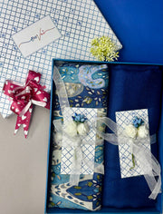 OMVAI Pashmina Combo Gift Set in Pure Cashmere wool - Steel Blue Kalamkari Kani with Embroidery and solid (Set of 2 - For HIM and for HER)