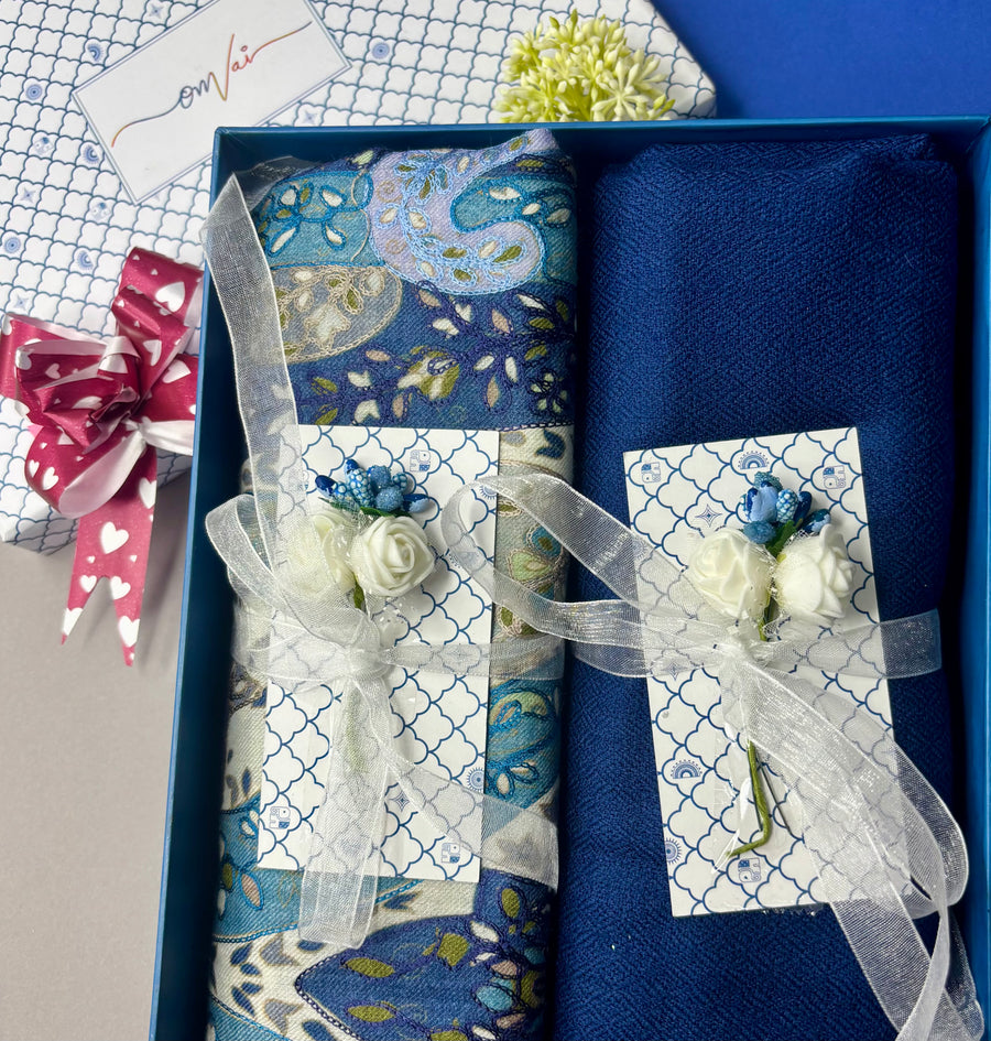 OMVAI Pashmina Combo Gift Set in Pure Cashmere wool - Steel Blue Kalamkari Kani with Embroidery and solid (Set of 2 - For HIM and for HER)