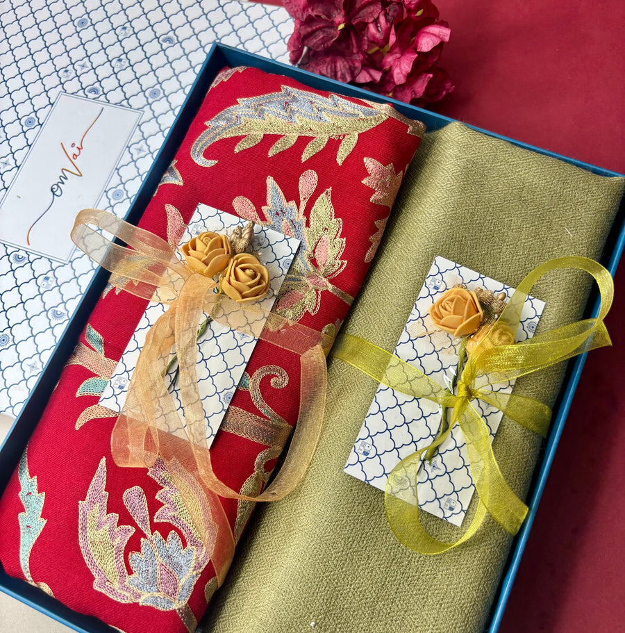 OMVAI Embroidery Pashmina Combo Gift Set in Pure Cashmere wool - Crimson Red Embroidered Stole with Sage Green Solid Stole (Set of 2 - For HIM and for HER)