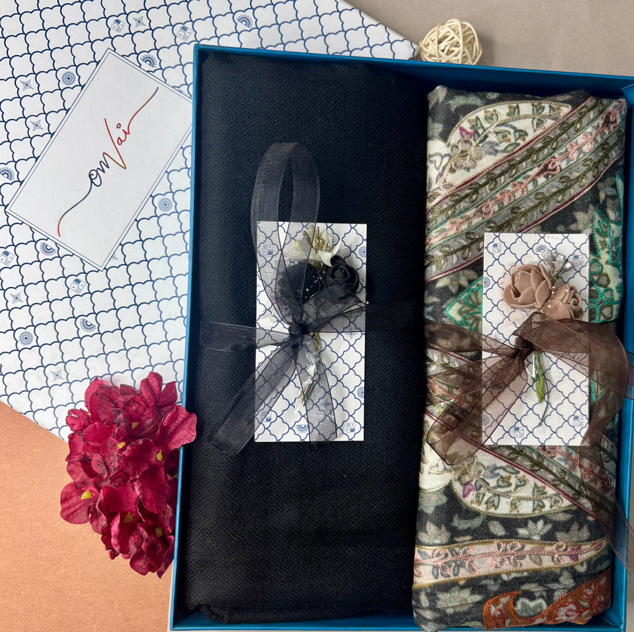 OMVAI Pashmina Combo Gift Set in Pure Cashmere wool - Black Kalamkari Kani with Embroidery and solid (Set of 2 - For HIM and for HER)