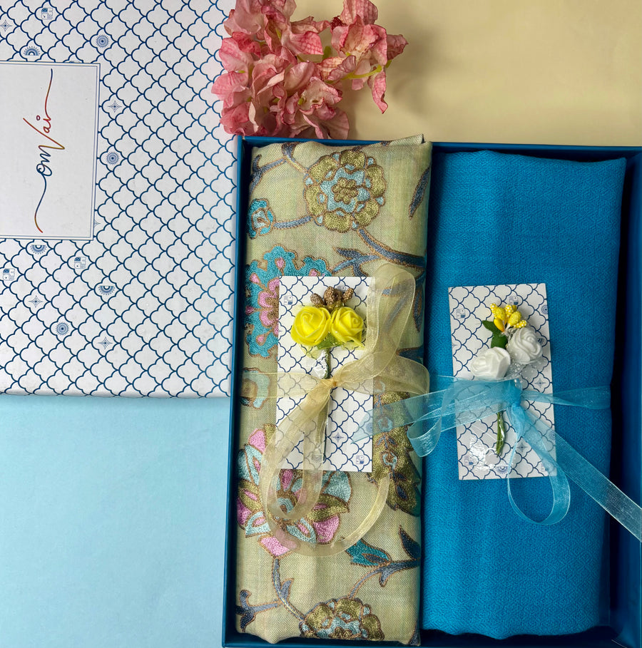 OMVAI Embroidery Pashmina Combo Gift Set in Pure Cashmere wool - Artichoke Embroidered Stole with Powder Blue Solid Stole (Set of 2 - For HIM and for HER)