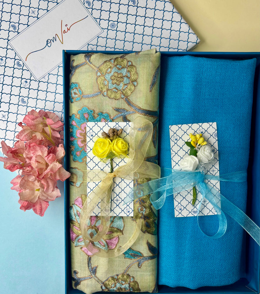 OMVAI Embroidery Pashmina Combo Gift Set in Pure Cashmere wool - Artichoke Embroidered Stole with Powder Blue Solid Stole (Set of 2 - For HIM and for HER)