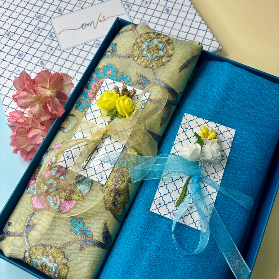 OMVAI Embroidery Pashmina Combo Gift Set in Pure Cashmere wool - Artichoke Embroidered Stole with Powder Blue Solid Stole (Set of 2 - For HIM and for HER)