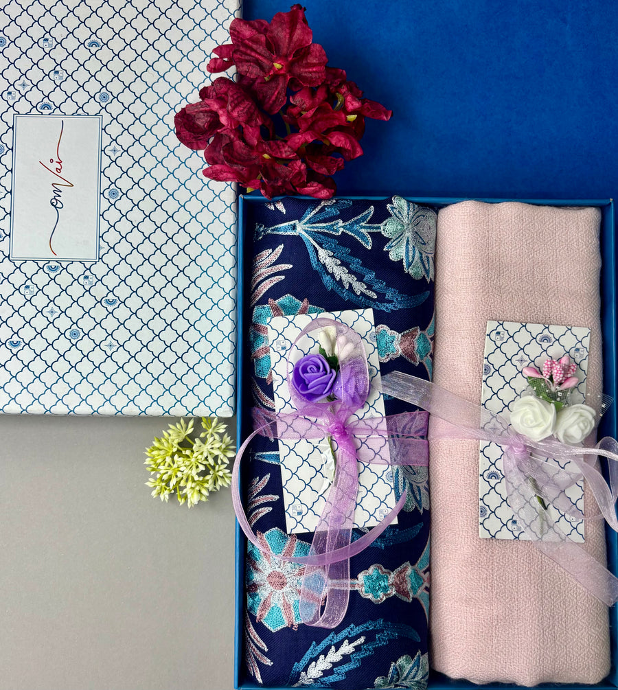 OMVAI Embroidery Pashmina Combo Gift Set in Pure Cashmere wool - Navy Blue Embroidered Stole with Blush Pink Solid Stole (Set of 2 - For HIM and for HER)