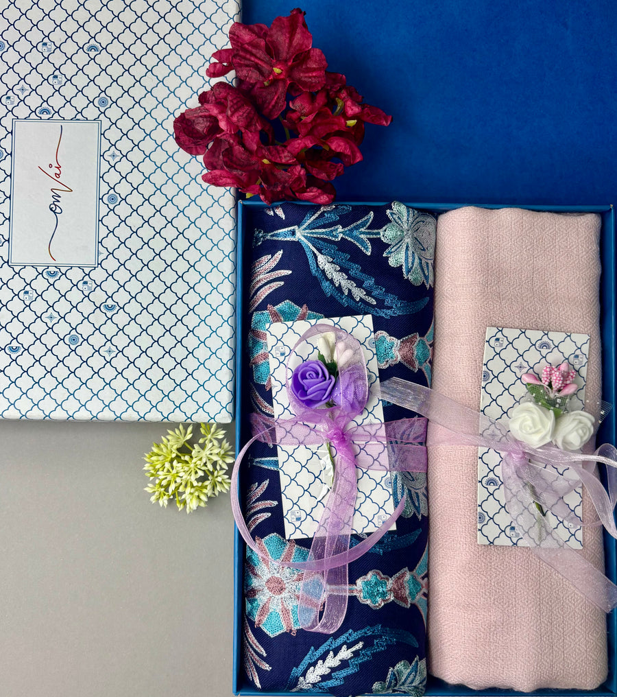 OMVAI Embroidery Pashmina Combo Gift Set in Pure Cashmere wool - Navy Blue Embroidered Stole with Blush Pink Solid Stole (Set of 2 - For HIM and for HER)