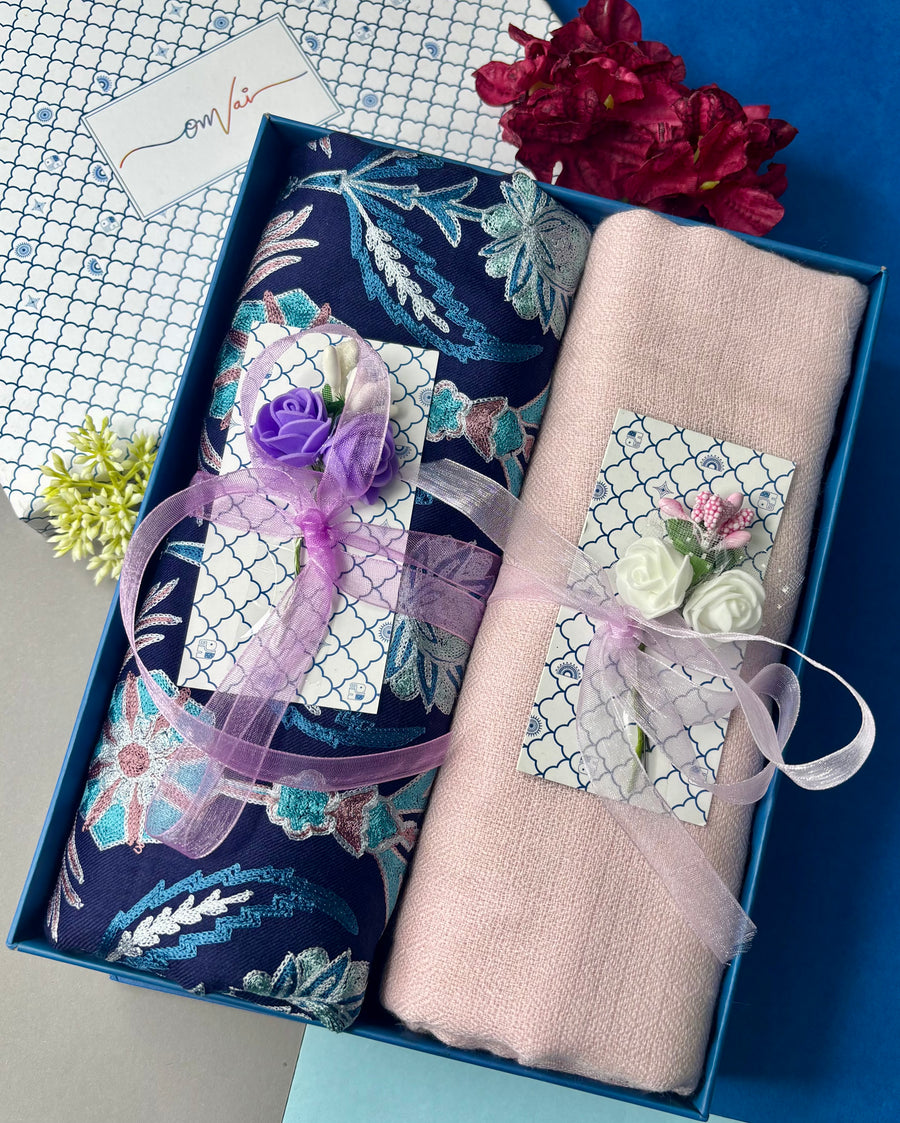OMVAI Embroidery Pashmina Combo Gift Set in Pure Cashmere wool - Navy Blue Embroidered Stole with Blush Pink Solid Stole (Set of 2 - For HIM and for HER)