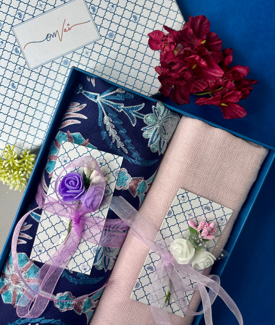 OMVAI Embroidery Pashmina Combo Gift Set in Pure Cashmere wool - Navy Blue Embroidered Stole with Blush Pink Solid Stole (Set of 2 - For HIM and for HER)
