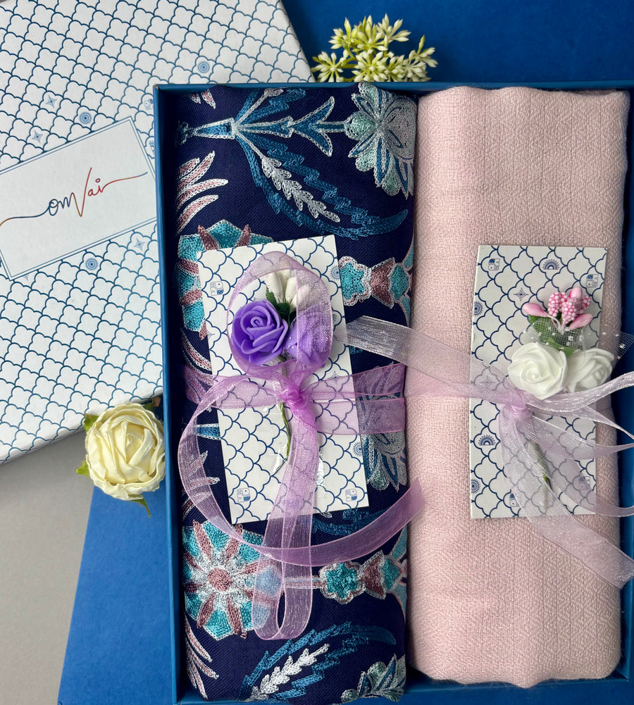 OMVAI Embroidery Pashmina Combo Gift Set in Pure Cashmere wool - Navy Blue Embroidered Stole with Blush Pink Solid Stole (Set of 2 - For HIM and for HER)