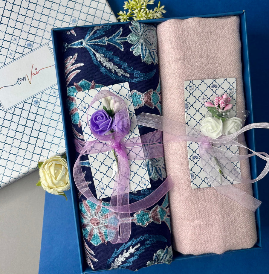 OMVAI Embroidery Pashmina Combo Gift Set in Pure Cashmere wool - Navy Blue Embroidered Stole with Blush Pink Solid Stole (Set of 2 - For HIM and for HER)