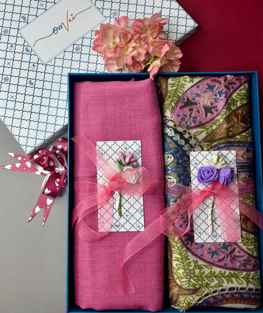 OMVAI Pashmina Combo Gift Set in Pure Cashmere wool - Pretty Pink Kalamkari Kani with Embroidery and solid (Set of 2 - For HIM and for HER)