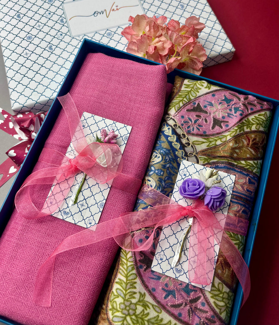 OMVAI Pashmina Combo Gift Set in Pure Cashmere wool - Pretty Pink Kalamkari Kani with Embroidery and solid (Set of 2 - For HIM and for HER)