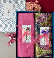 OMVAI Pashmina Combo Gift Set in Pure Cashmere wool - Pretty Pink Kalamkari Kani with Embroidery and solid (Set of 2 - For HIM and for HER)
