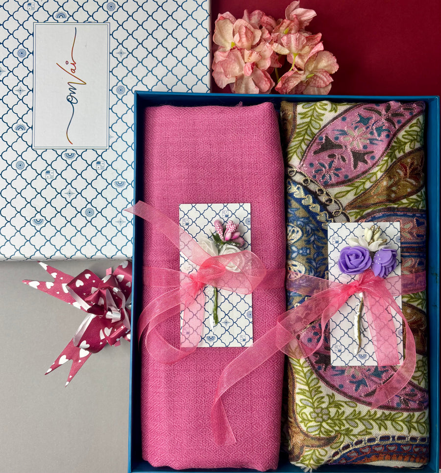 OMVAI Pashmina Combo Gift Set in Pure Cashmere wool - Pretty Pink Kalamkari Kani with Embroidery and solid (Set of 2 - For HIM and for HER)