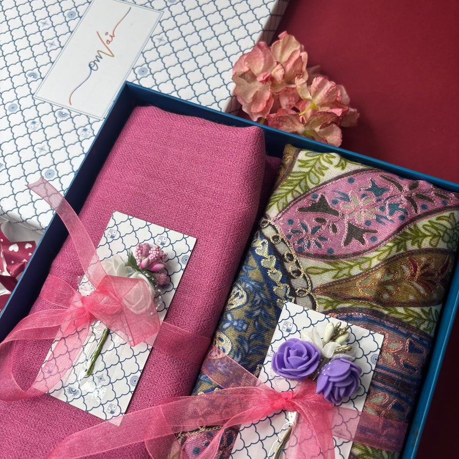 OMVAI Pashmina Combo Gift Set in Pure Cashmere wool - Pretty Pink Kalamkari Kani with Embroidery and solid (Set of 2 - For HIM and for HER)