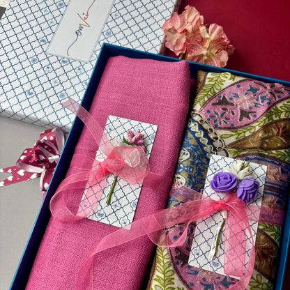 OMVAI Pashmina Combo Gift Set in Pure Cashmere wool - Pretty Pink Kalamkari Kani with Embroidery and solid (Set of 2 - For HIM and for HER)