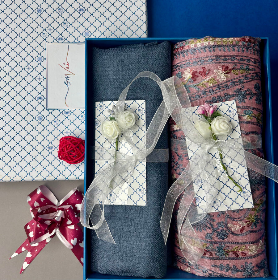OMVAI Embroidery Pashmina Combo Gift Set in Pure Cashmere wool - Blush Pink Embroidered Stole with Steel Blue Solid Stole (Set of 2 - For HIM and for HER)