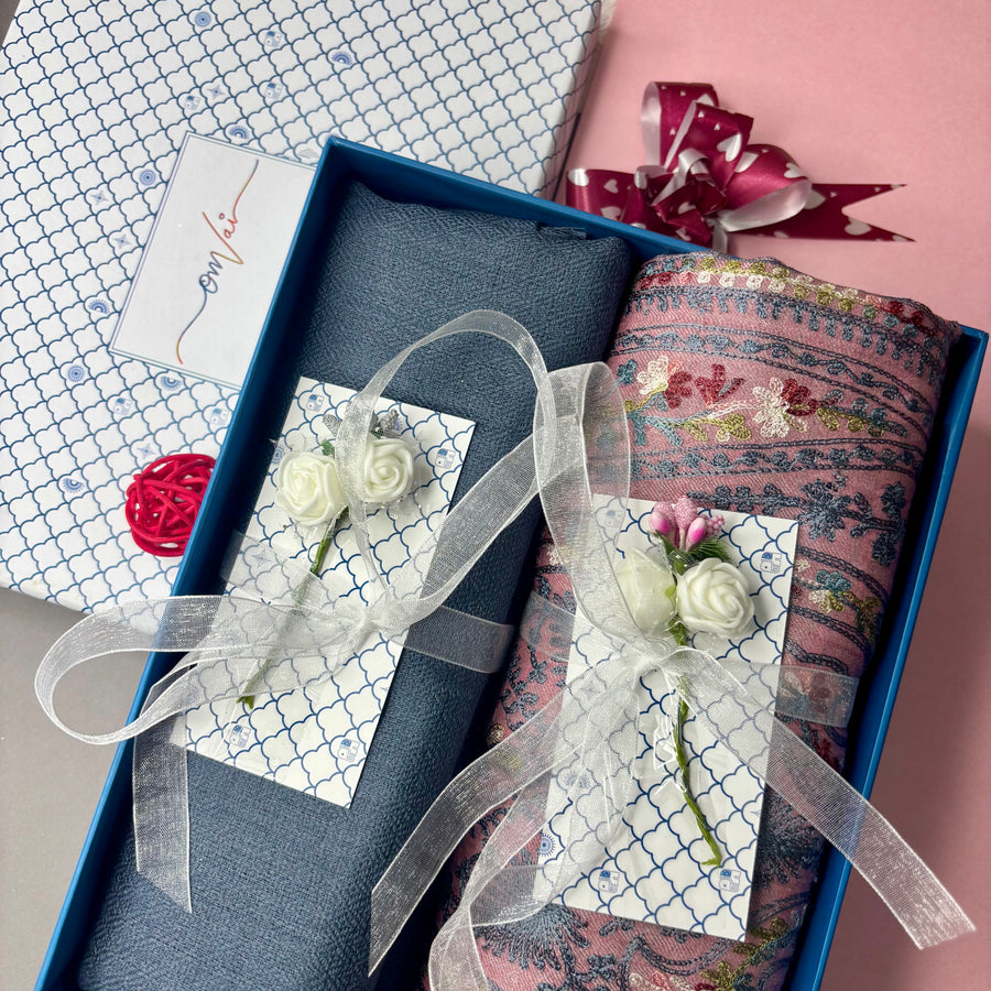 OMVAI Embroidery Pashmina Combo Gift Set in Pure Cashmere wool - Blush Pink Embroidered Stole with Steel Blue Solid Stole (Set of 2 - For HIM and for HER)