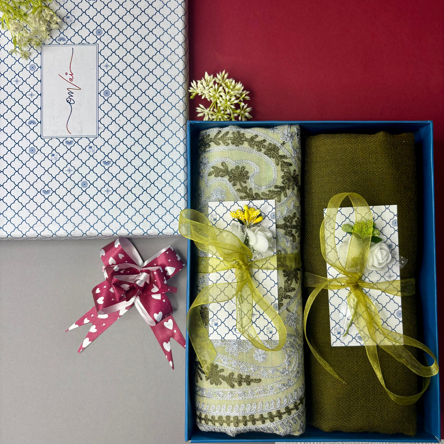 OMVAI Embroidery Pashmina Combo Gift Set in Pure Cashmere wool - Artichoke Embroidered Stole with Sage Green Solid Stole (Set of 2 - For HIM and for HER)
