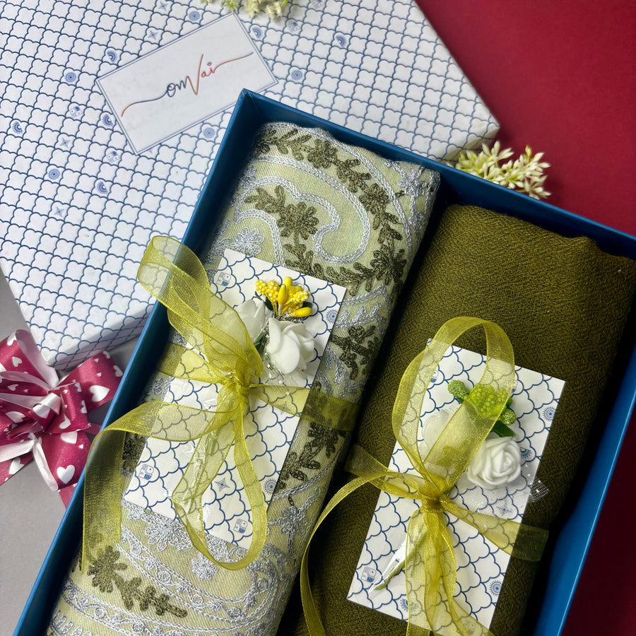 OMVAI Embroidery Pashmina Combo Gift Set in Pure Cashmere wool - Artichoke Embroidered Stole with Sage Green Solid Stole (Set of 2 - For HIM and for HER)